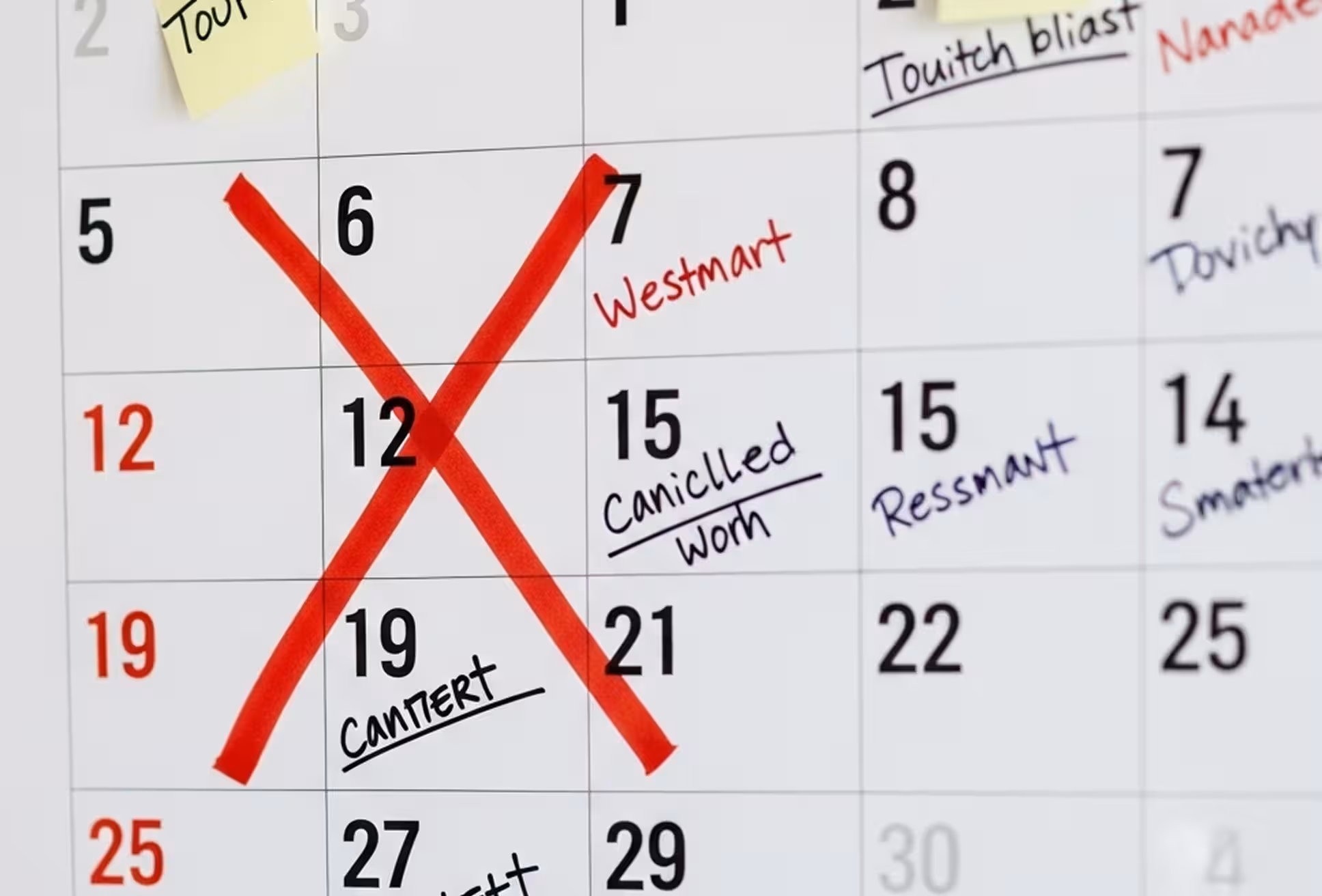 Image depicting a calendar with a crossed-out date, symbolizing a no-show or cancellation.