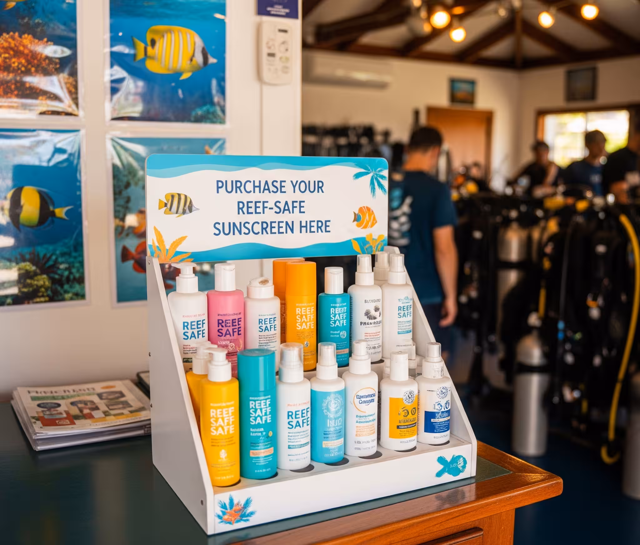 Coral reef with diver applying sunscreen