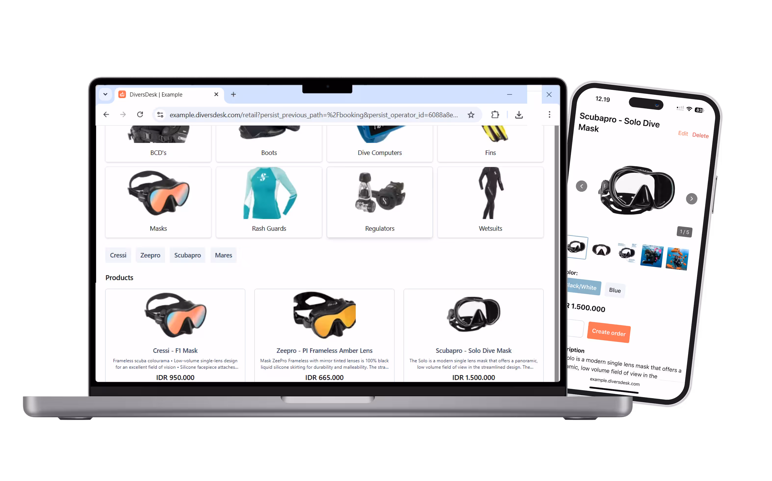 Dive shop gear neatly arranged with signage